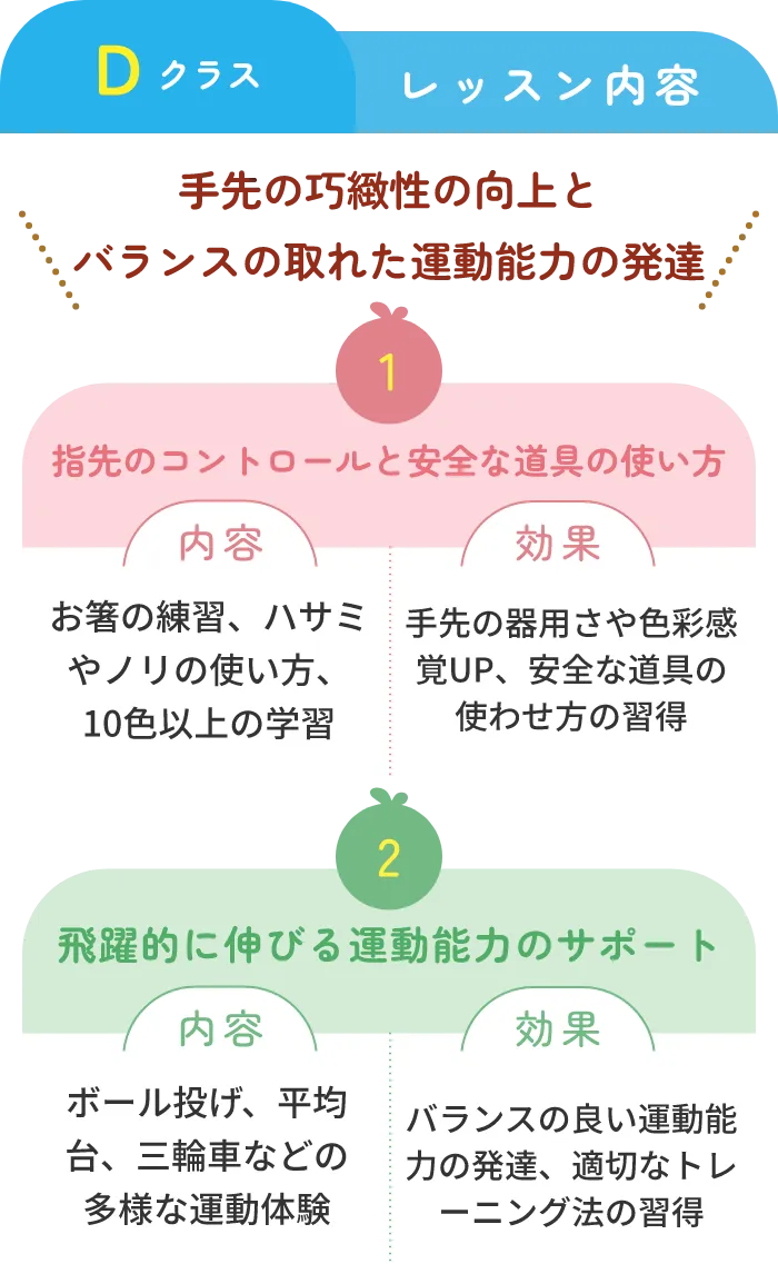 手先の巧緻性の向上とバランスの取れた運動能力の発達